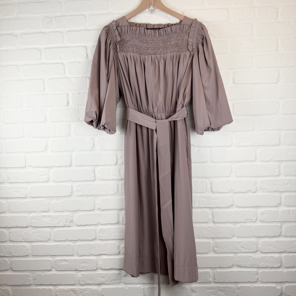 Wuko gals Mocha Puff Sleeve Smocked Dress Below knee Tie Elastic Waist Large